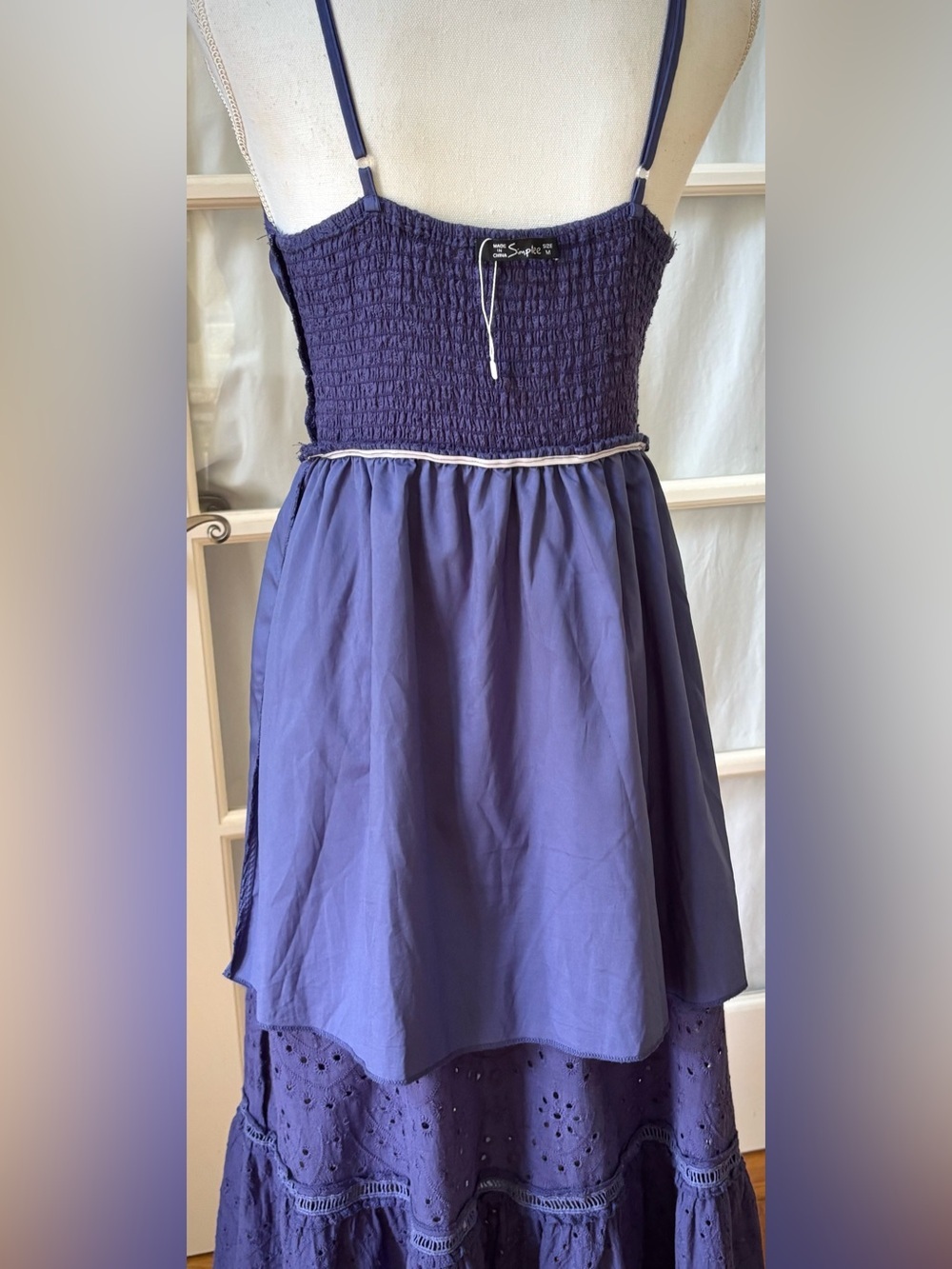 Simplee Cobalt Blue 100% Cotton Eyelet Midi Maxi Dress M Boho Cottagecore - Picture 8 of 14